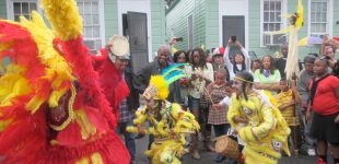 Members of Mandingo Warriors Mardi Gras Indians greet another Mardi Gras Indian gang in the historic African-American Treme Community