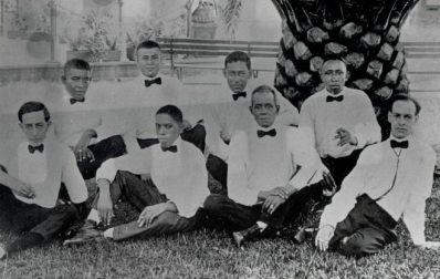 Lorenzo Tio Jr (rear, 3rd from left) pictured with Piron's Band at Spanish Fort (circa 1920). Tio came from a long line of music educators specializing in clarinet.: The Creation of Jazz in New Orleans 3