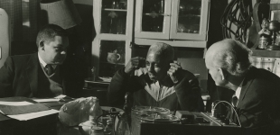 Alcide "Slow Drag" Pavageau with Richard B. Allen and William Russell; during interview for Ford Foundation-910 Burgundy Street (his home); 1958-12-10; Hogan Jazz Archive, Special Collections, Howard-Tilton Memorial Library. Tulane University; Photo Credit: William Simmons