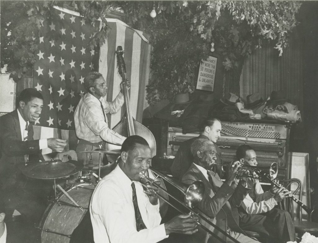 Bunk Johnson Band, Kaiser Marshall, d, Alcide 'Slow Drag' Pavageau, b, Jim Robinson, tb, Bunk Johnson, tp, Don Ewell, George Lewis. 1946; Courtesy of Hogan Jazz Archive, Tulane University