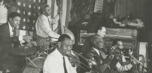 Bunk Johnson Band, Kaiser Marshall, d, Alcide 'Slow Drag' Pavageau, b, Jim Robinson, tb, Bunk Johnson, tp, Don Ewell, George Lewis. 1946; Courtesy of Hogan Jazz Archive, Tulane University