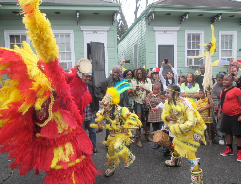 Members of Mandingo Warriors Mardi Gras Indians greet another Mardi Gras Indian gang in the historic African-American Treme Community