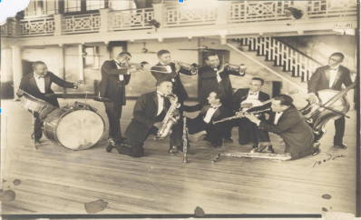 Manuel Perez (trumpet at right) with his band at the Pythian Temple (1923). Perez was a major educator on the New Orleans scene when jazz was emerging in the 1910s.: The Creation of Jazz in New Orleans 3